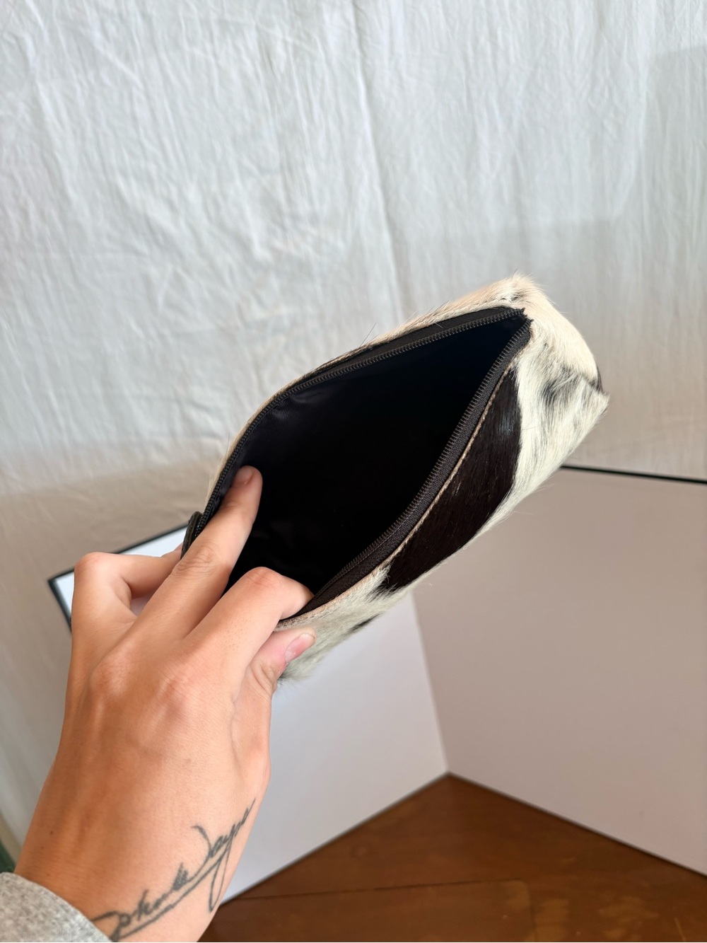 Myra Bag Hair On Cream and Black Cowhide Travel Pouch - Picture 2 of 7
